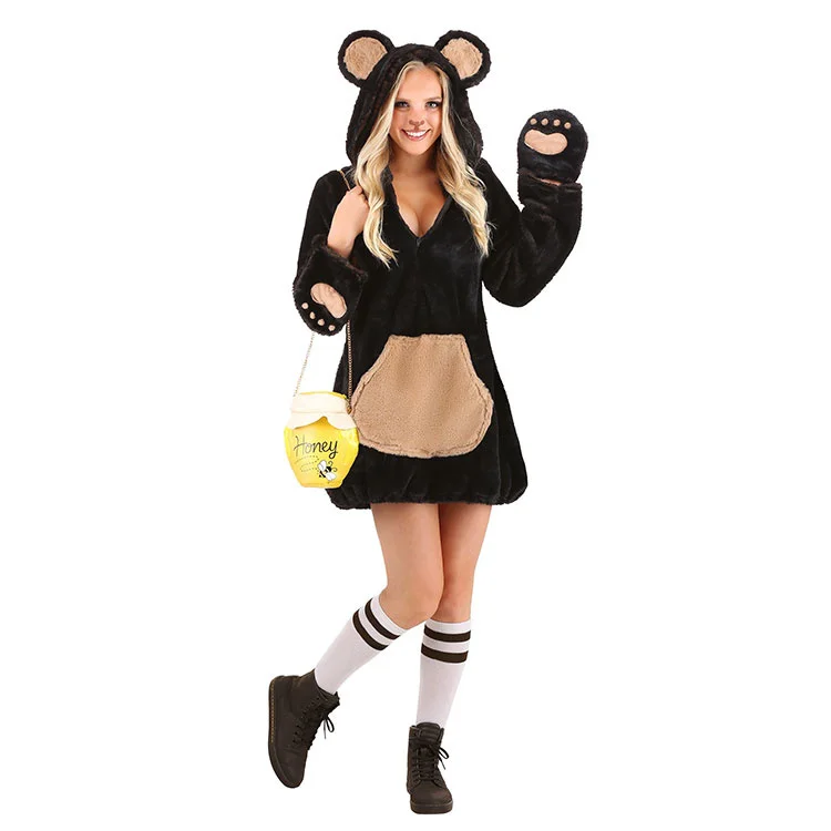 Halloween Hoodie Brown Bear Onesies For Adults Women Sexy Bear Jumpsuit Flannel Cute Animal Cosplay Costume Fancy Dress