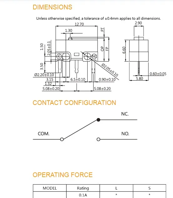 Micro interruptor com peça de pressão alavanca curvada, interruptor de 3 pés para ação rápida, micro interruptor de limite de curso