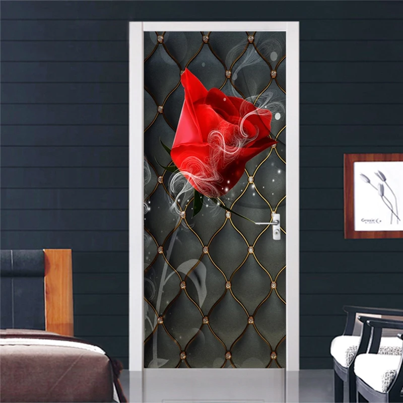 PVC Self-Adhesive Waterproof Wallpaper 3D Rose Black Soft Roll Door Sticker Living Room Bedroom Home Door Poster Creative Decals