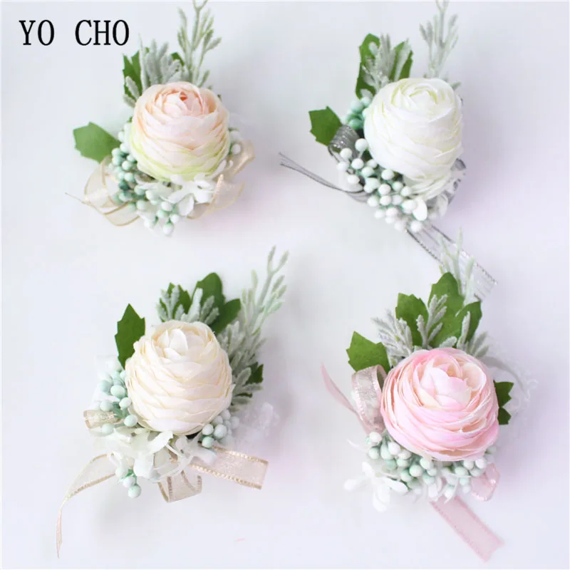 Yo cho corsages masculino casamento boutonniere noiva pulso corsage artificial flor de lótus rosa menina pulseira de pulso flor do noivo broche