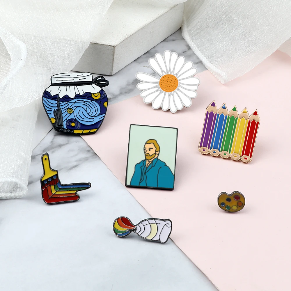 Genius Van Gogh! Famous Painter Enamel Brooches Artist Custom Brush Art Oil Painting Pins Badges Clothes Jewelry Gift for Friend