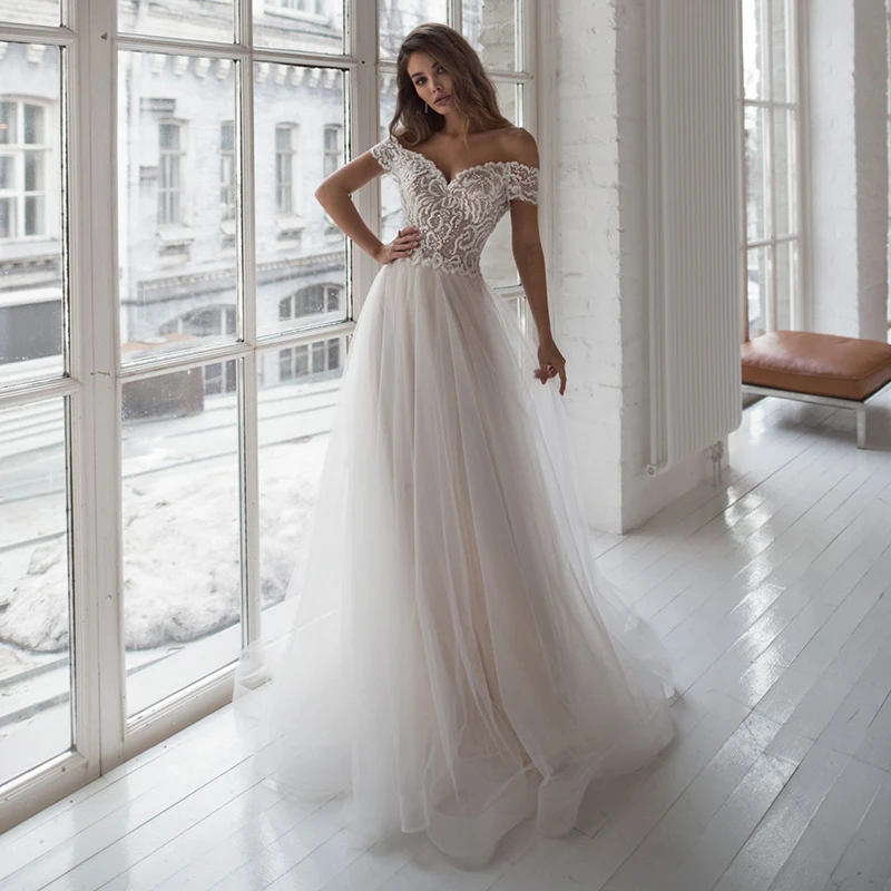 Vestido De novia De tul con hombros descubiertos, escote Corazón, apliques De encaje, Espalda descubierta, tren De barrido