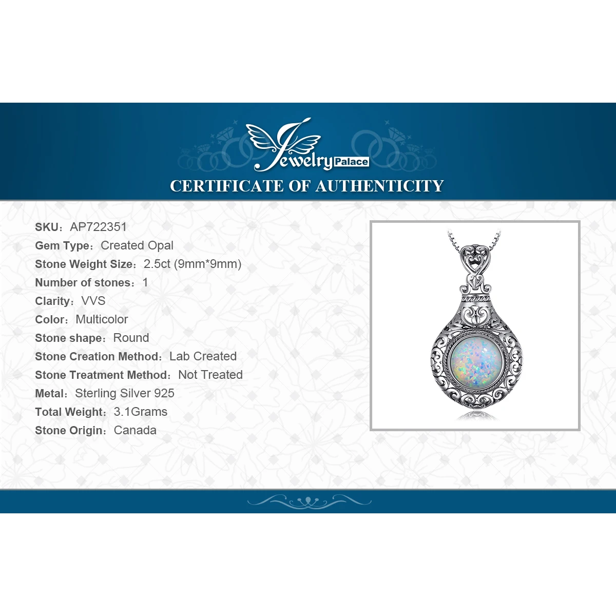 JewelryPalace Vintage 2.5ct Cabochon Created Opal 925 Sterling Silver Heart Love Statement Pendant Necklace Choker No Chain