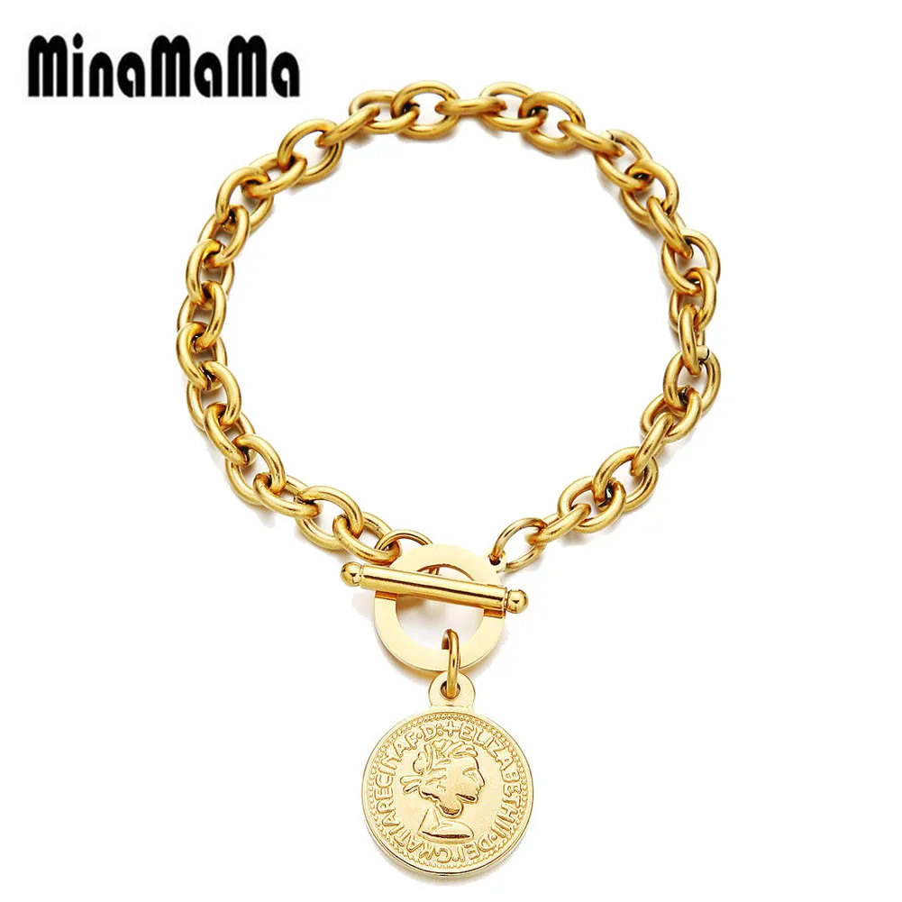 Vintage Stainless Steel Beauty Head Coin Charms Bracelets for Women OT Buckle Toggle Bracelet Hip Hop Jewelry Gifts