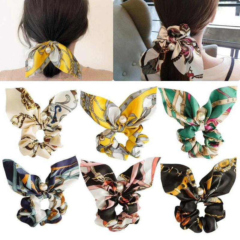 New Chiffon Bowknot Silk Hair Scrunchies Women Pearl Ponytail Holder Hair Tie Hair Rope Rubber Bands Hair Accessories Headwear