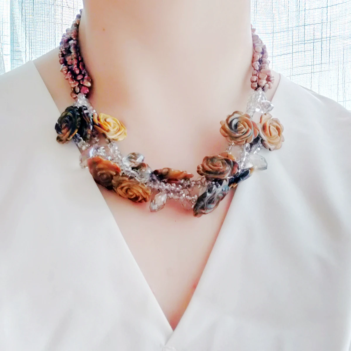 LiiJi Natural Tiger's eye Flowers Freshwater Pearl Shell Clasp Statement Knitting Necklace For Women Fashion  Jewelry