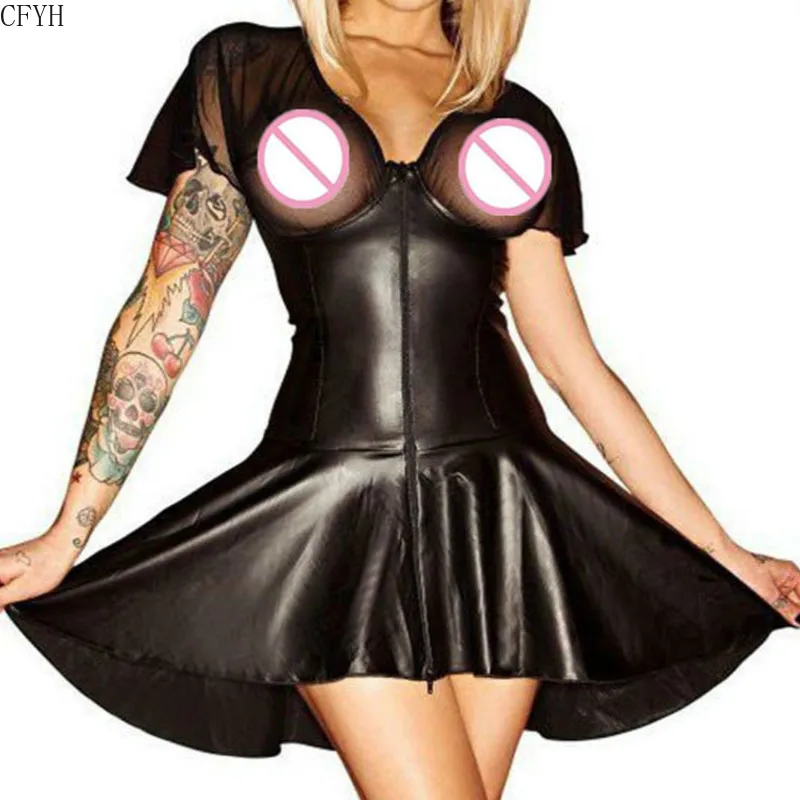 

Women Sexy Faux PU Leather Mesh Teddy Lingerie See Through Nightclub Dress Fetish Ladygaga Pole Dance Catsuit