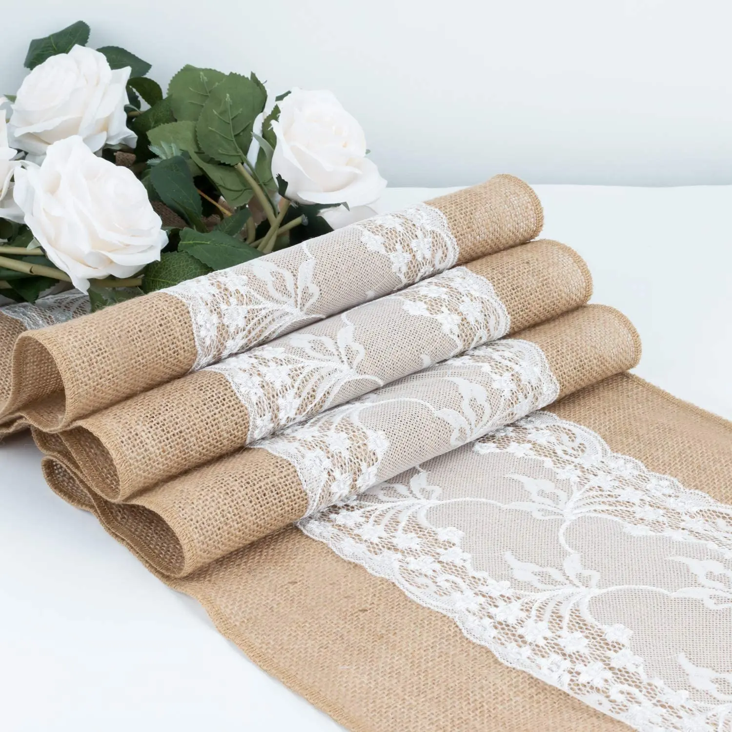 Natural Burlap with Lace Table Runner ,Jute Vintage Farmhouse Tabletop Boho Decor for Wedding, Parties BBQ Everyday Decoration