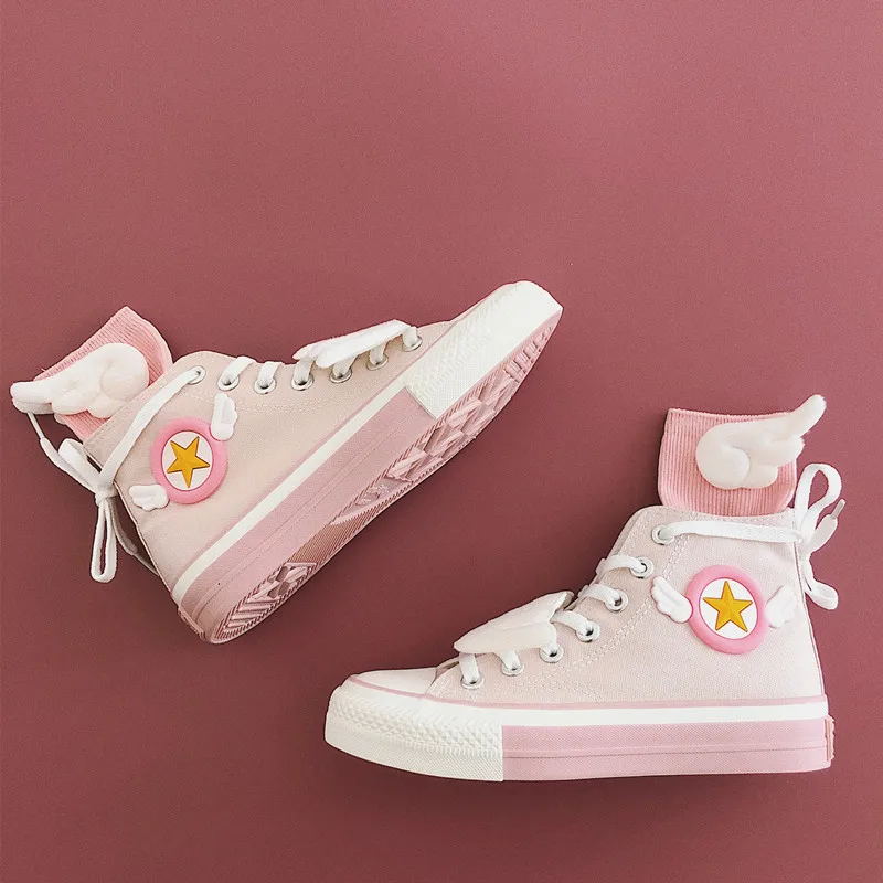 

Anime Kinomoto Sakura Cosplay Canvas Shoes Platforms w/Wings Lace Up High top Casual Shoes for Women Girls Student Flats