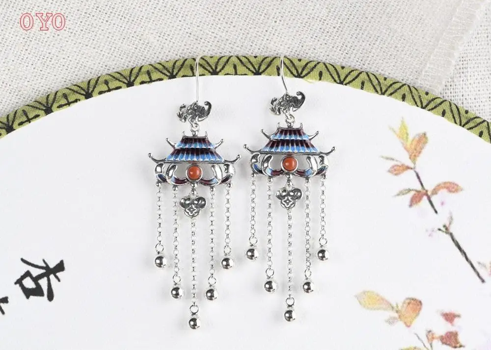 100%S925 silver burnt blue retro ancient architecture Chinese style earrings female fashion bat silver chain tassel earrings