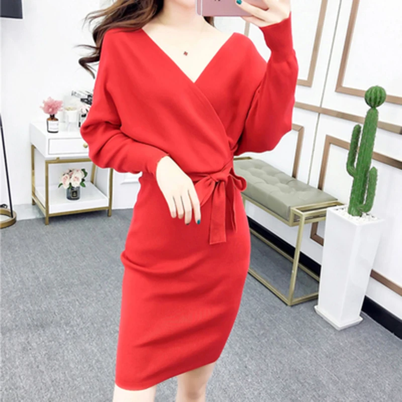 

New Sexy Autumn V Neck With Cross Belt Sweater Knitted Women Dress Split Slim 2020 Winter Long Sleeve Solid Color Elegant Ladies