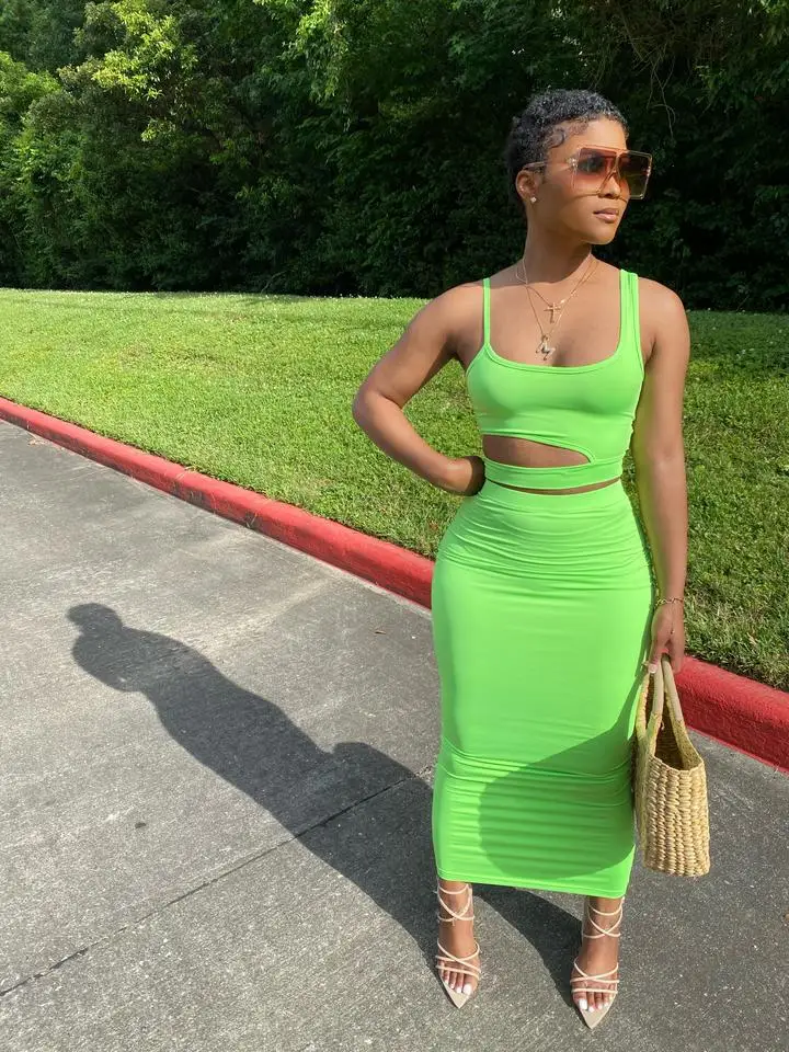 SKMY Women Clothing Fashion Solid Color Hollow Out Crop Top Casual Skirt Suit Sexy Two Piece Set Party Clubwear Outfits