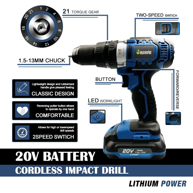 CreationSpace 20v Charging hand drill Industrial Grade Lithium Battery impact High Power Wireless High torque hand drill