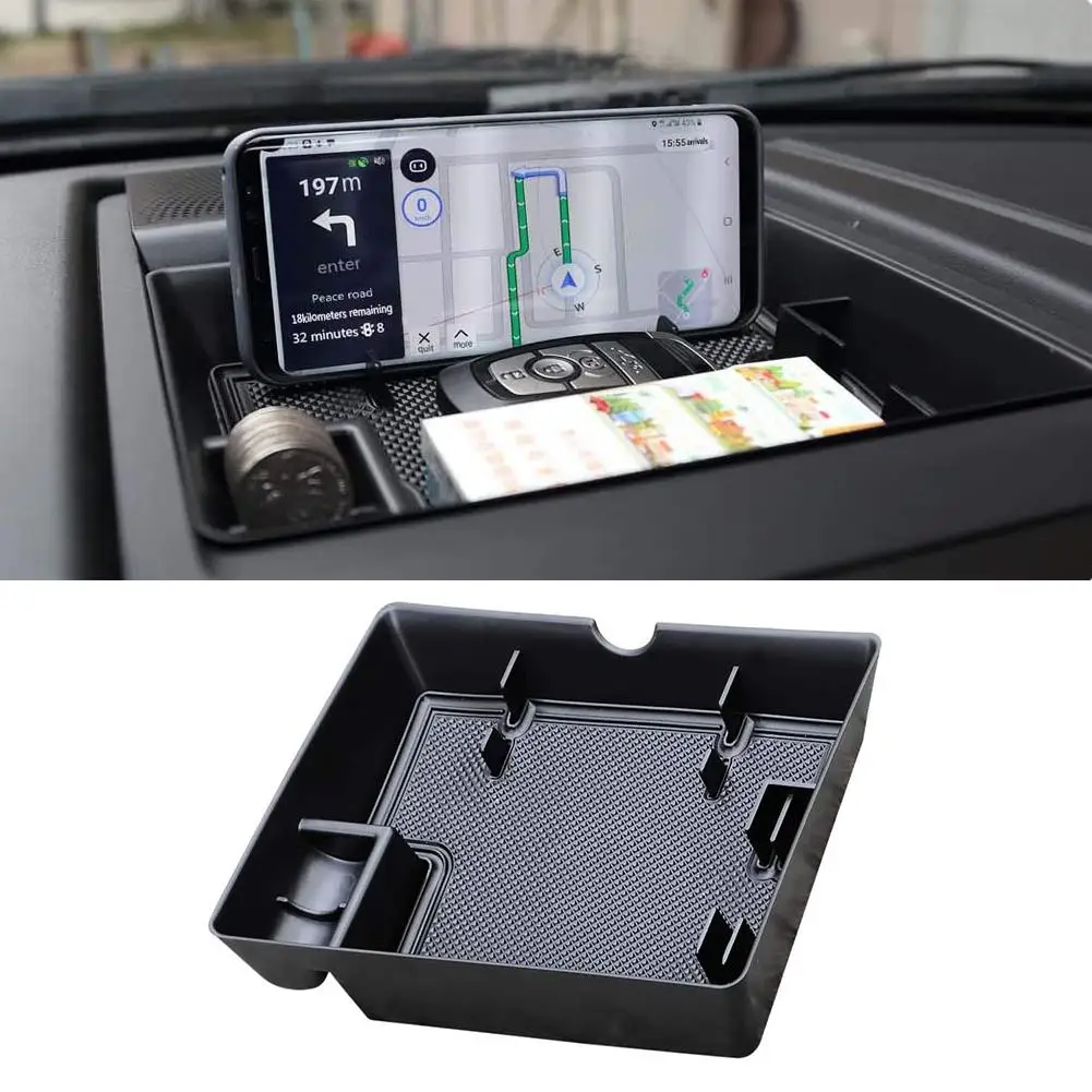 Dash Center Console Table Storage Tray Instrument Organizer ABS Black Anti-Slip Rubber Pad Storage Box for Ford F150 (2015-2019)