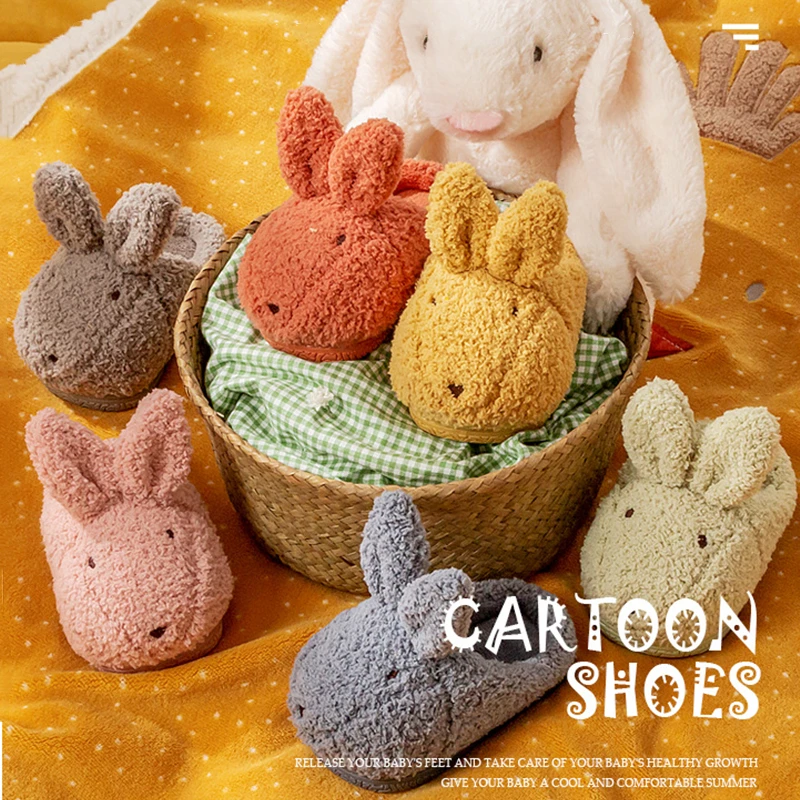 2021 New Cartoon Rabbit House Children Fur Slippers Winter Warm Plush Boys Girls Bedroom Cotton Shoe Non-slip Home Kids Slippers