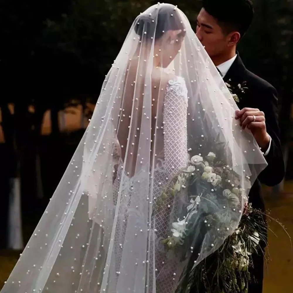 

1Tier Wedding Veil With Pearls Long Luxury Bridal Veil with Comb Scattered Dense Pearls Gorgeous Mantilla Cathedral Custom Veil