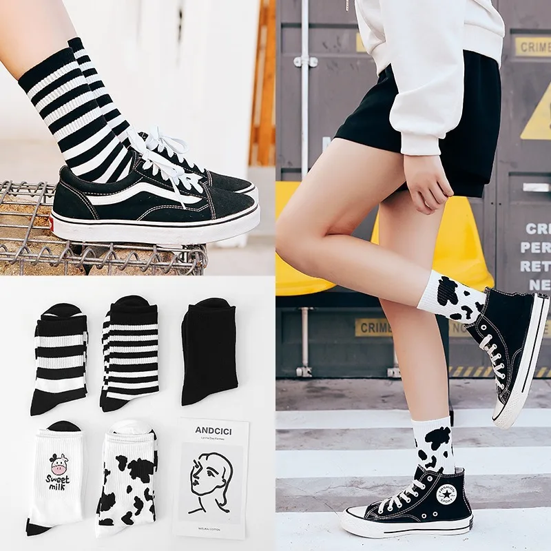 Autumn winter new products cow print socks cute Harajuku cotton and linen women's socks striped solid color casual cartoon socks