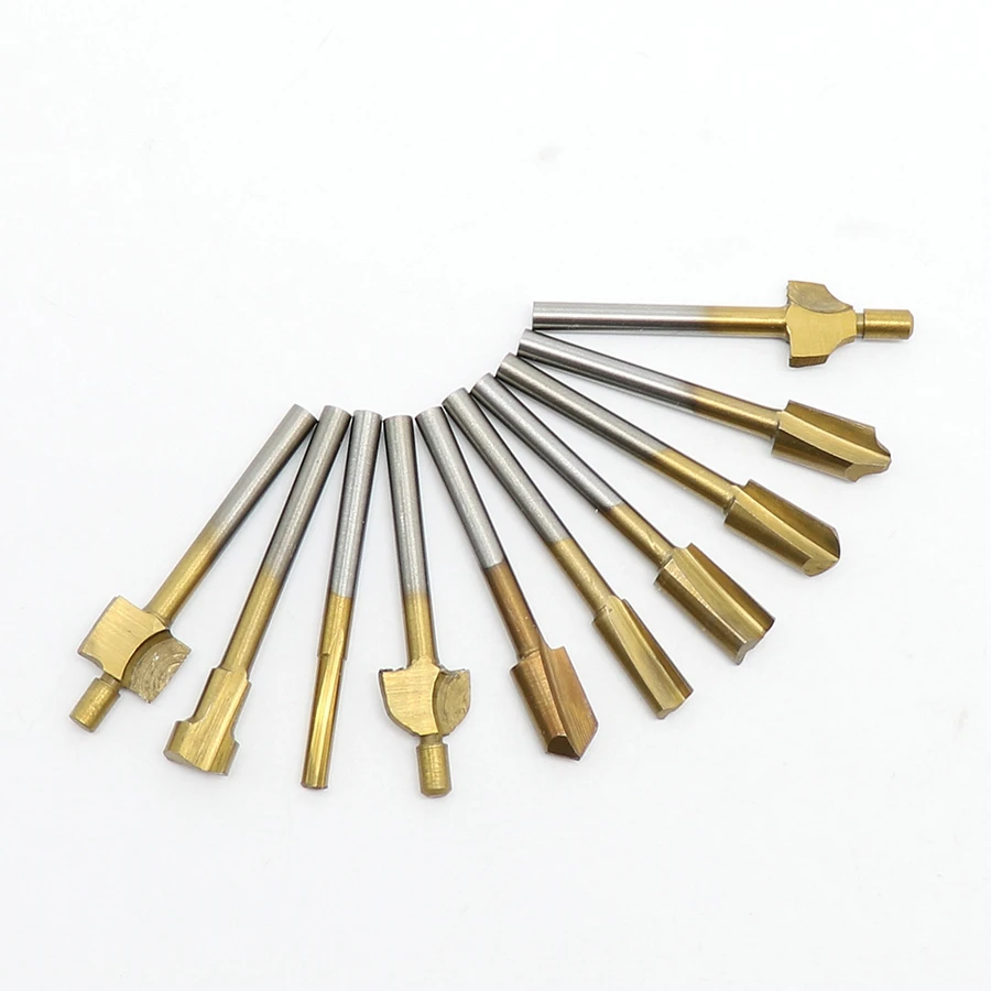 

10pcs 3mm HSS Titanium Coated Woodworking Trimming Machine Router Bits Milling