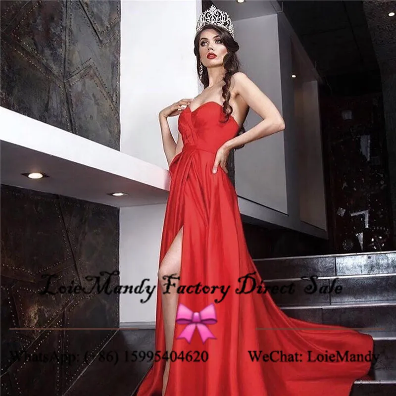 สีแดงซาตินชุดราตรียาว2022เซ็กซี่สูง Evening Celebrity Dress Party ชุดใหม่ Custom Made Vestidos De Fiesta