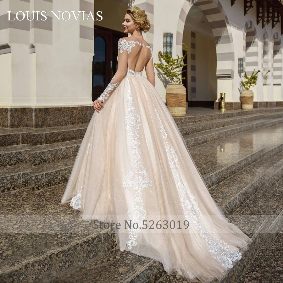 Louis Novias With Sleeves Deep V-neckline Sweep Brush Train Backless Chiffon with Embroidery Invisible Court Dream Wedding Dress