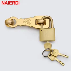 NAIERDI Yellow Bronze Chinese Locks Pure Copper Antique Hasp Latch Padlock Retro Lock Jewelry Box Padlock for Wooden Box