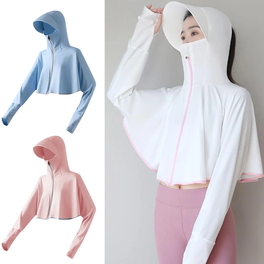 Women's Summer Sun Protection Zipper Clothing Hoodie Mask Dust-Proof Long-Sleeved Short Sweatshirt Crop Top