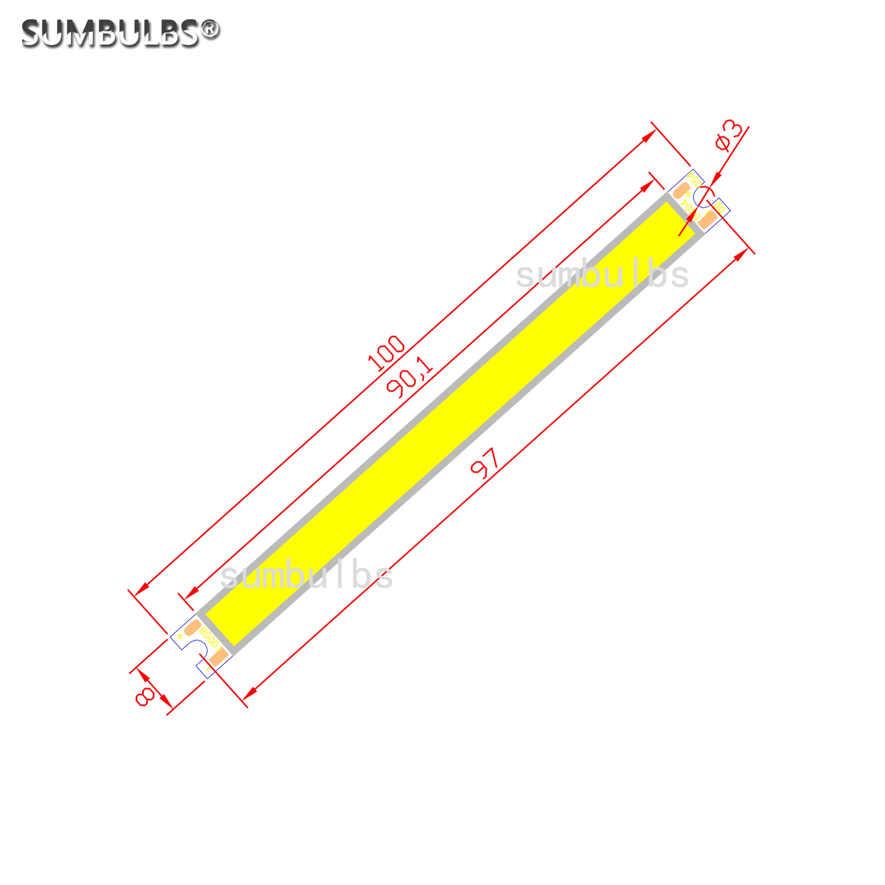 Bande d\'ampoule LED COB, source de lumière, rouge, vert, bleu, chaud, naturel, froid, bricolage, lampe, éclairage, 500LM, 100x8mm, 12V, DC, 10cm, 5W