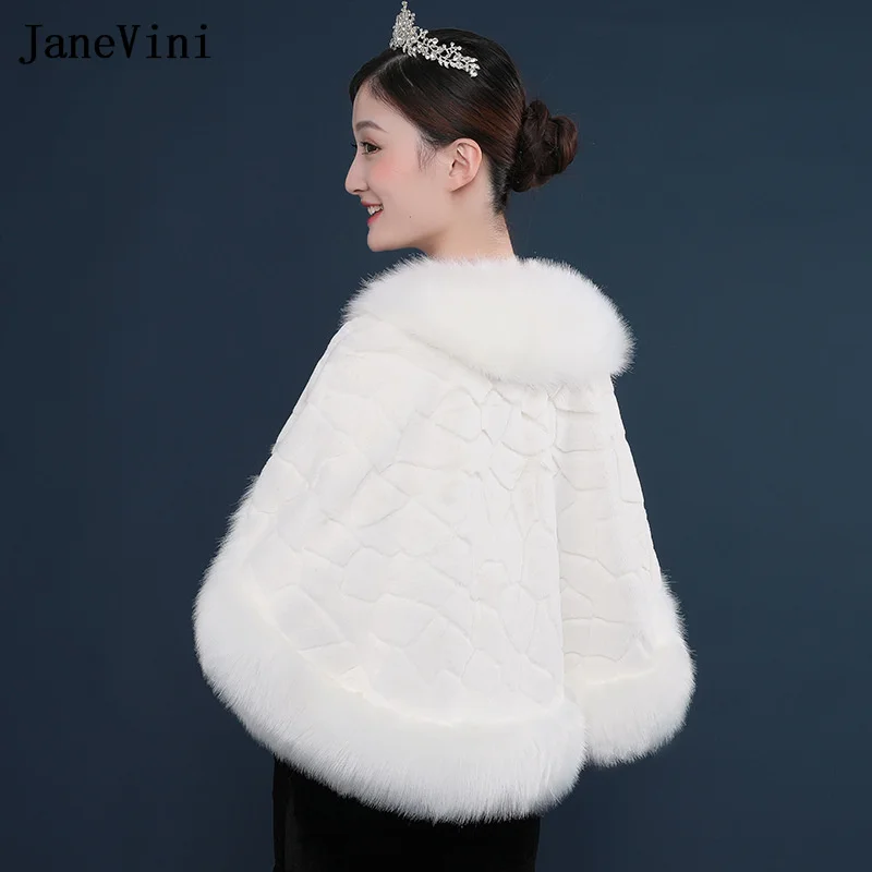 JaneVini Fourrure Blanche Weiß Faux Fur Wrap Winter Hochzeit Cape Braut Bolero Braut Hochzeit Mantel Formale Boleros Stolen Schals