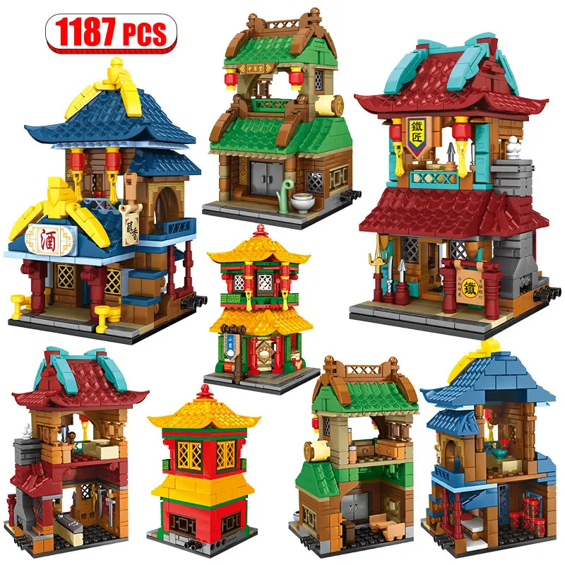 City China Street View Old Style House Blacksmith Shop Street Bistro Bun Shop Restaurant Building Blocks Toys for Kids