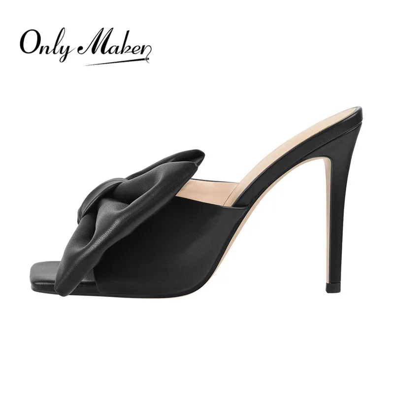 Onlymaker Peep Toe Mules Black Matte Colorful Slip On  Thin High Sandals Big Size  the bow Cute Sandals