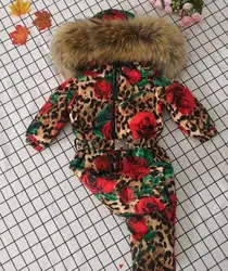 115cm -155cm jumpsuits 2021 Winter Jacket Children jumpsuit duck down Fur hooded girl snowsuit boy overall outerwear ski suit