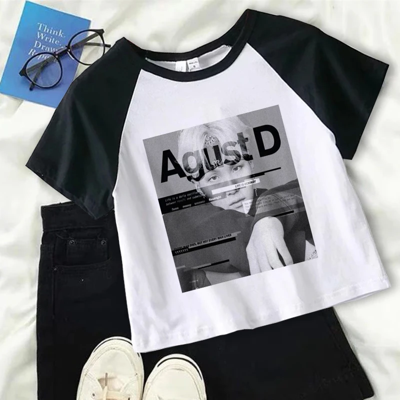 Agust D Black T-shirts Crop Top Y2k Women Female Short Sleeve Tees Summer Clothing Girl Streetwear Harajuku Graphic Tee Tops