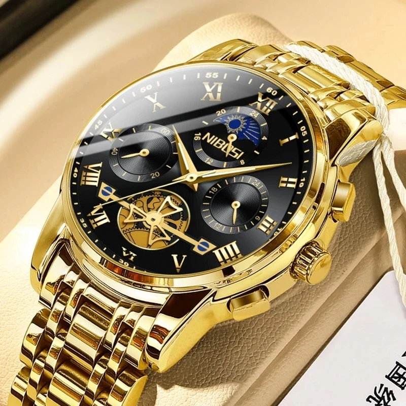 NIBOSI Gold Quartz Watch Men 24 Hour Moon Phase Luminous Waterproof Chronograph Mens Watches Top Brand Luxury Relogio Masculino