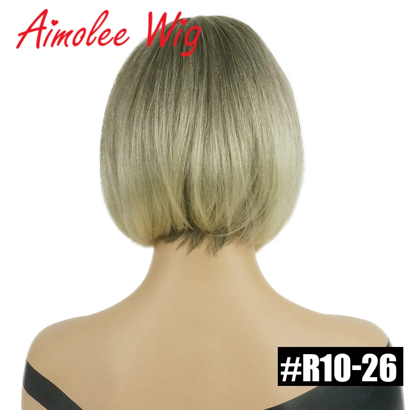 Short Straight Bob Style Wigs with Bangs Brown Black Blonde Highlights 70% Human Hair Blend Synthetic Women Wigs