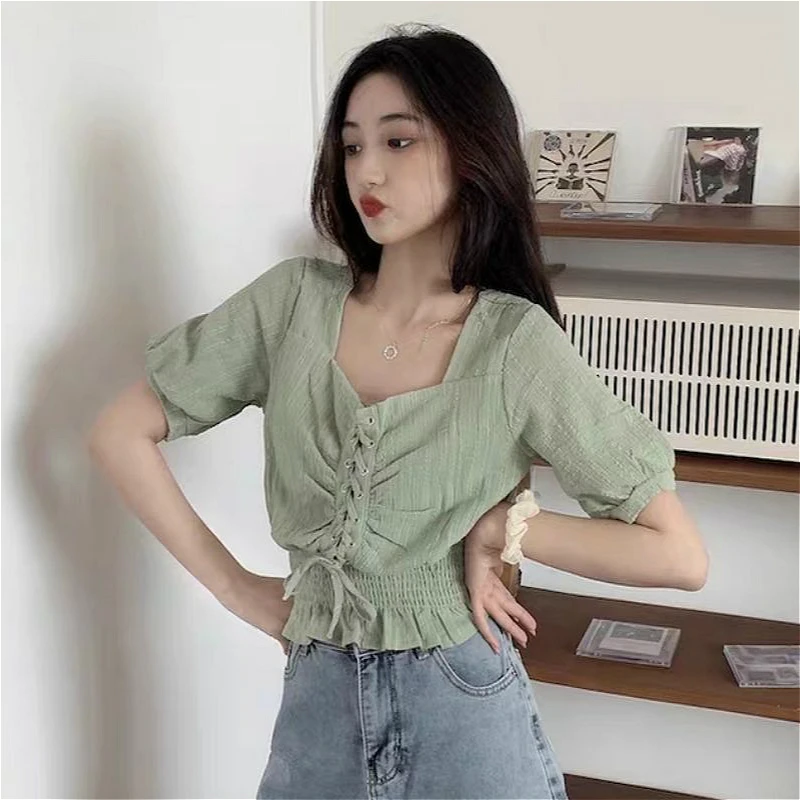 Blouses Women Chic Lace-up Design Simple All-match lovely ins Slim Summer Ladies Crop Tops Chiffon Soft Vintage Womens Shirts