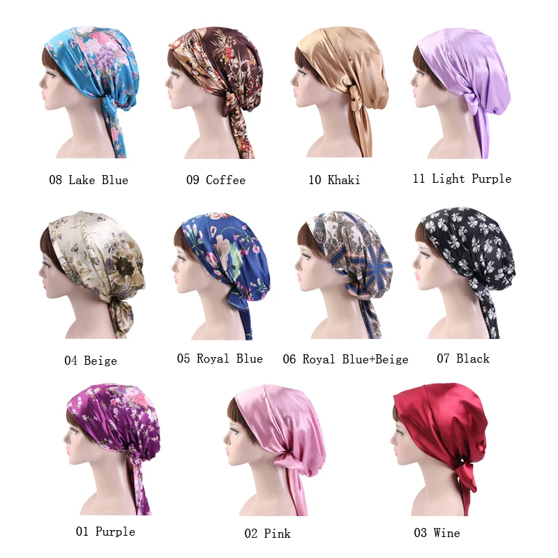 1PC Fashion Floral Headscarf Women Muslim Satin Turban Hat Islamic Pirate Headwraps Elastic Sleeping Hat Bonnet Ladies Fashion