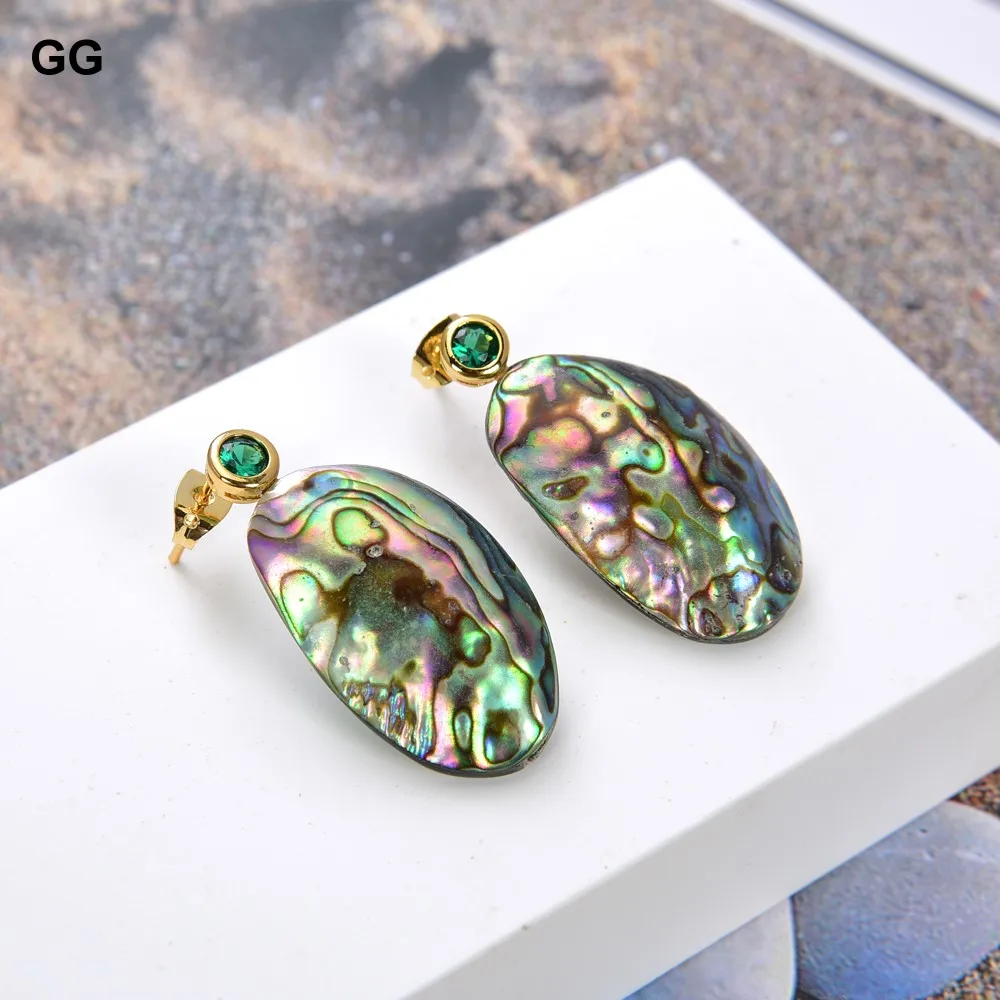 G-G Natural Abalone Shell freeform Green Cubic Zirconia pave Stud Earrings vintage style for women