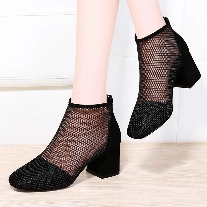 Mesh Summer Women Sandals Summer Thick Heel High Heel Roman Ladies Sandals Sexy Hollow Out Women Sandals