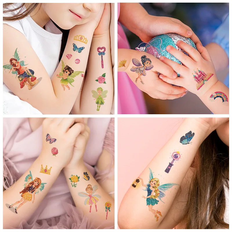 Tatuajes adhesivos de dibujos animados para niños, 10 piezas, princesa de hadas encantadora, polvo Flash de mariposa, tatuajes temporales impermeables para el cuerpo y la cara