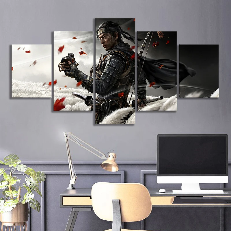 

5pcs Game Ghost of Tsushima Samurai Posters Wall Art Room Decor Pictures Gamer Canvas Paintings For Teen Living Room Decoration