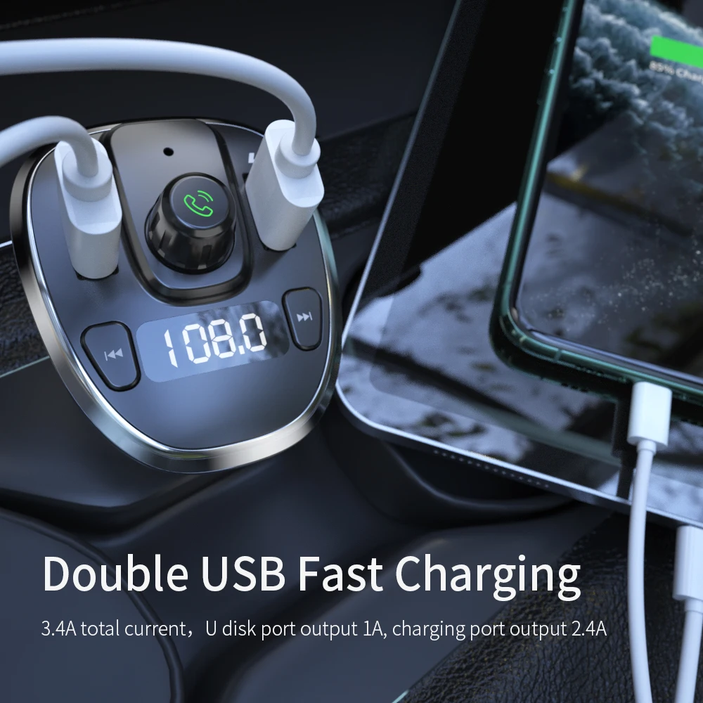 Essager USB Car Charger Bluetooth 5.0 Car Kit Handsfree FM Transmitter MP3 U Disk TF Card Player Mobile Phone Charger For Auto