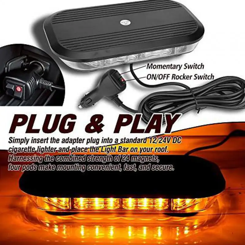 Emergency Lights For Vehicles Amber Strobe Lights For Trucks Cars 12v24v 30leds Strobe Mini Light Bar Magnetic Mount Cigarette