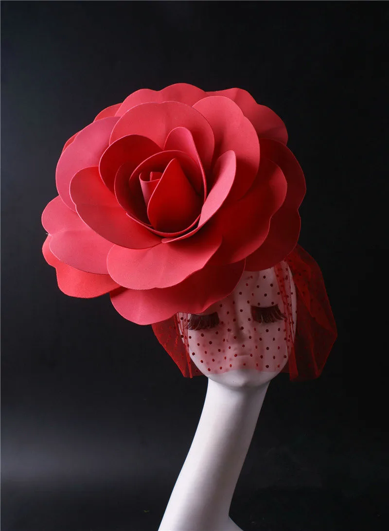 Big Rose Flower Headdress Black Red Veil Floral Headgear Festival Party Dance Singer Show Stage Accessories Performance Ornament