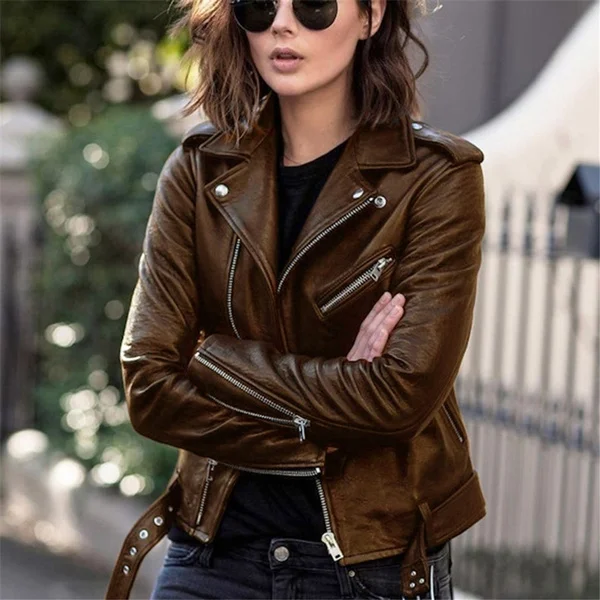 Autumn Winter Women PU Leather Jacket Fashion Turn-Down Collar Zipper Moto Biker Jacket Coat Female Slim Short Jackets with Belt