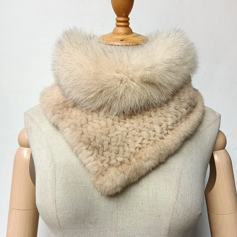 Women Winter Knitted Mink Fur Neck Warmer With Fox Fur Trimming Fashion Warm Female Genuine Mink Fur Scarf Casual Scarves