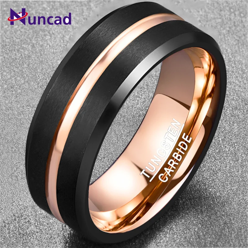 

8MM Wide Men's Ring Tungsten Carbide Black Electroplated Rose Gold Matte Surface Groove Tungsten Steel Ring