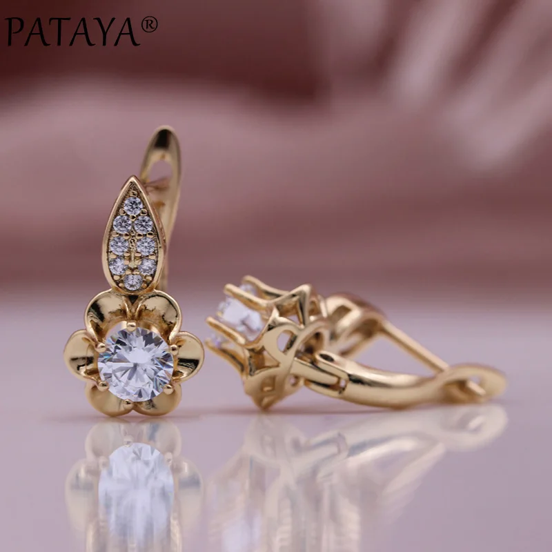 PATAYA New Girl Cute Small Drop Earrings 585 Rose Gold Color Fashion Jewelry Fine Flower Women Natural Zircon Hollow Earrings