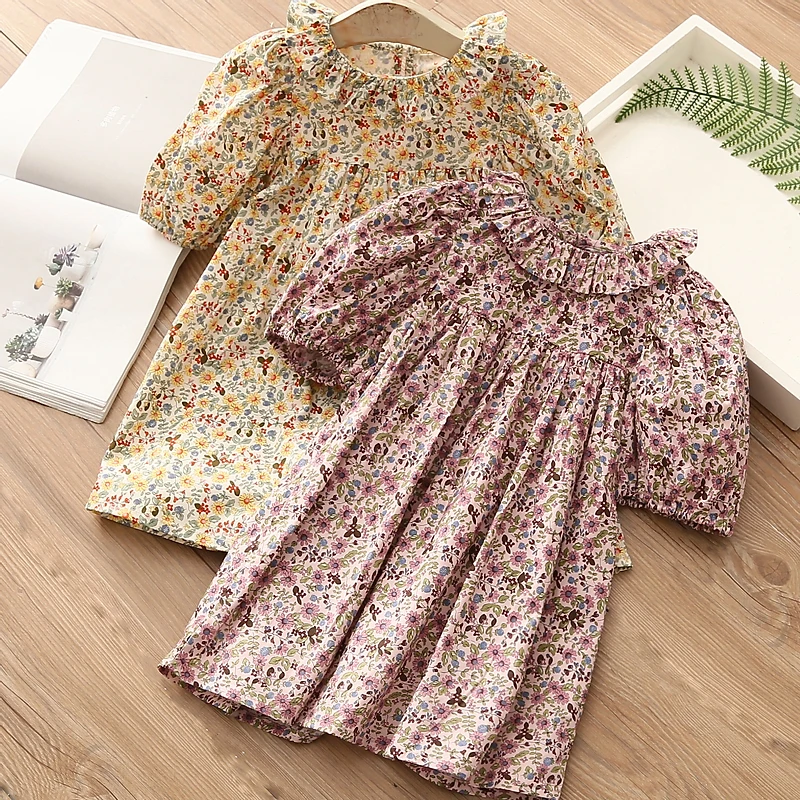 2024 New Fashion Summer 2 3 4 6 8 10 12 Years Children Short Sleeve Full Print Floral Flower Cotton Dresses For Baby Kids Girls