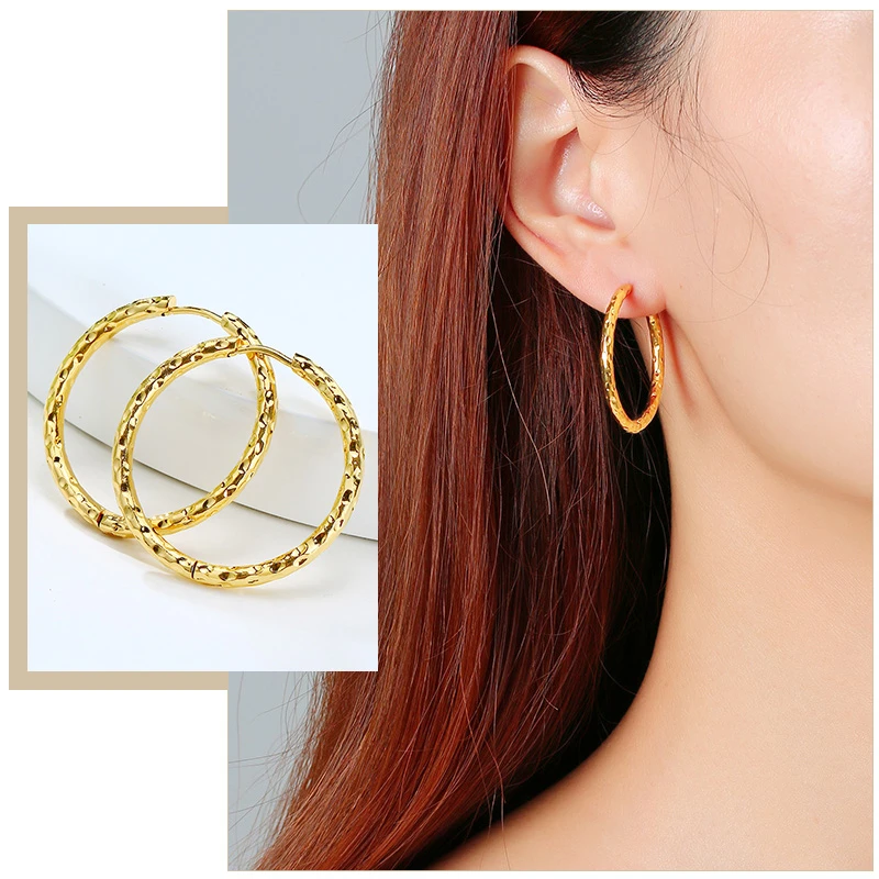 Simple Hoop Earrings for Women, Gold Color Irregular Surface Stainless Steel Circle Ear Clip, Fashion Lady Gifts Jewelry Earring