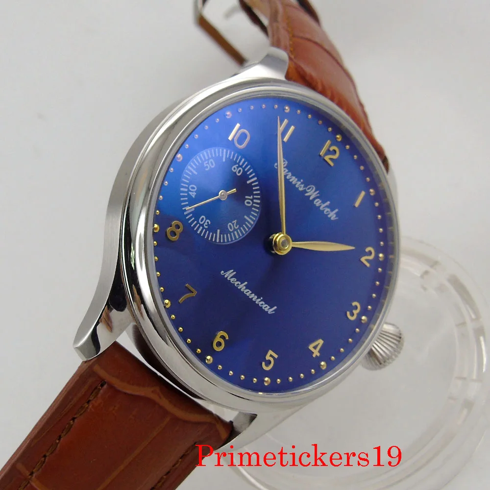 new parnis 44mm blue dial mechanical hand winidng 6497 movement luxury 2020 men\'s wristwatch